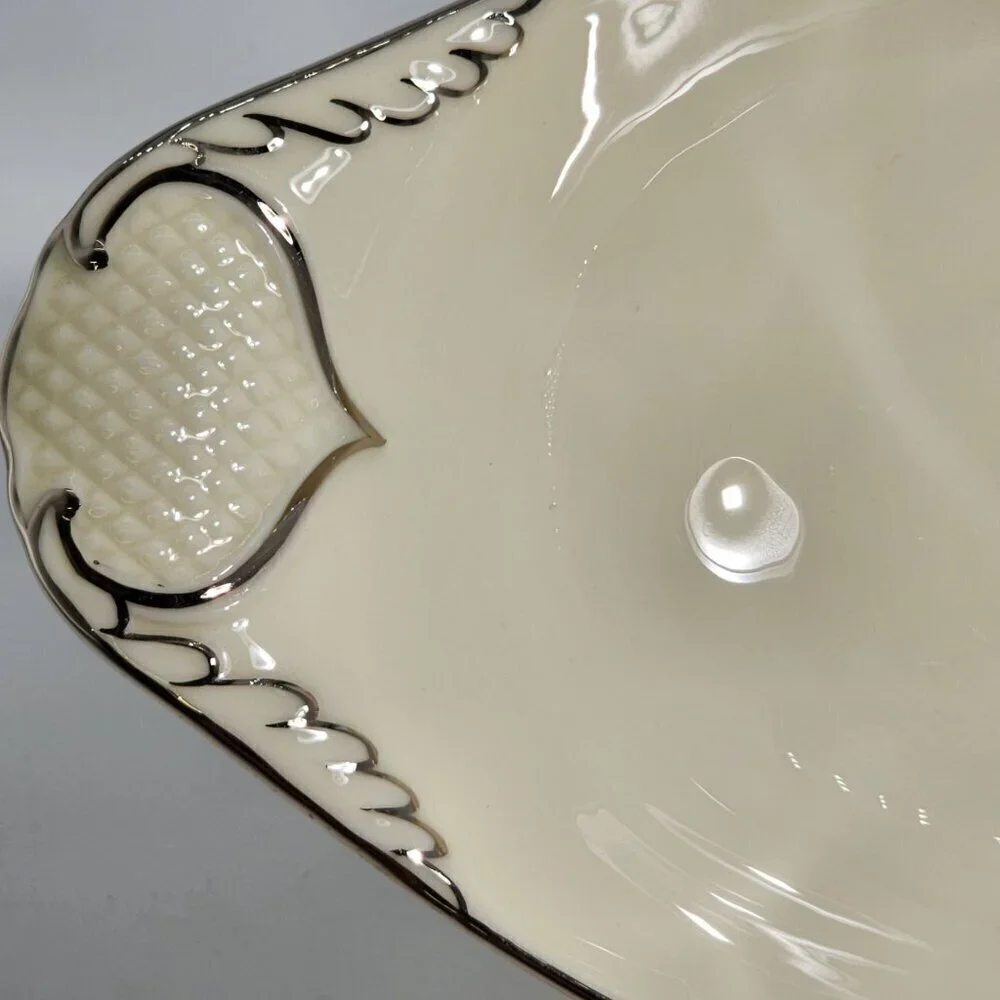 Lenox Vintage Ceramic Oval Serving Dish With Silver Trim and Textured Handles